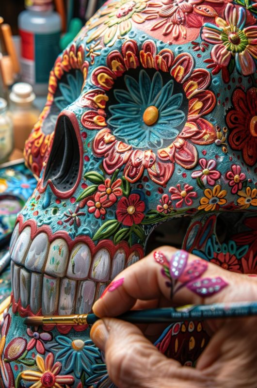 woman-is-wearing-skull-outfit-with-flower-painted-it